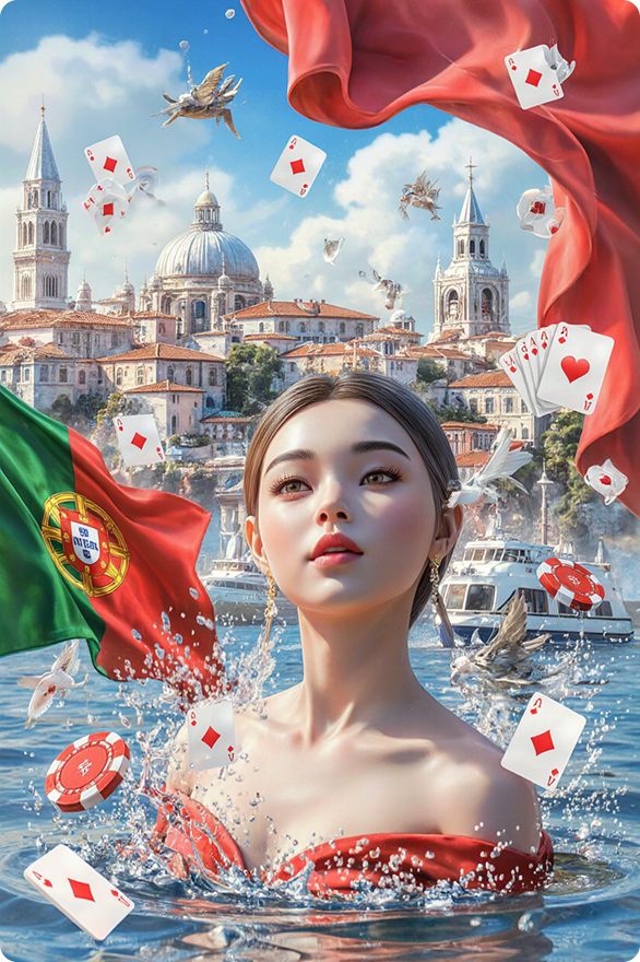 Woman in red dress emerging from water with Portuguese flag, flying cards and casino chips against backdrop of Lisbon skyline